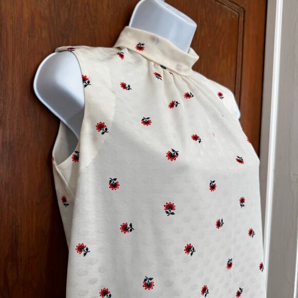 Vintage 1970s Terry Chicago Sleeveless Floral Polka Dot High Neck Blouse Small - Picture 3 of 11